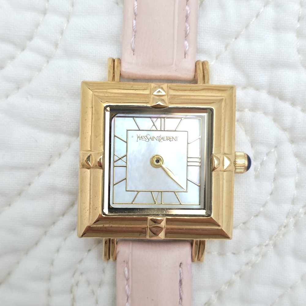 YSL Yves Saint Laurent Tank Watch 23mm Case Art Deco Mother of Pearl Pink Strap - Picture 5 of 11